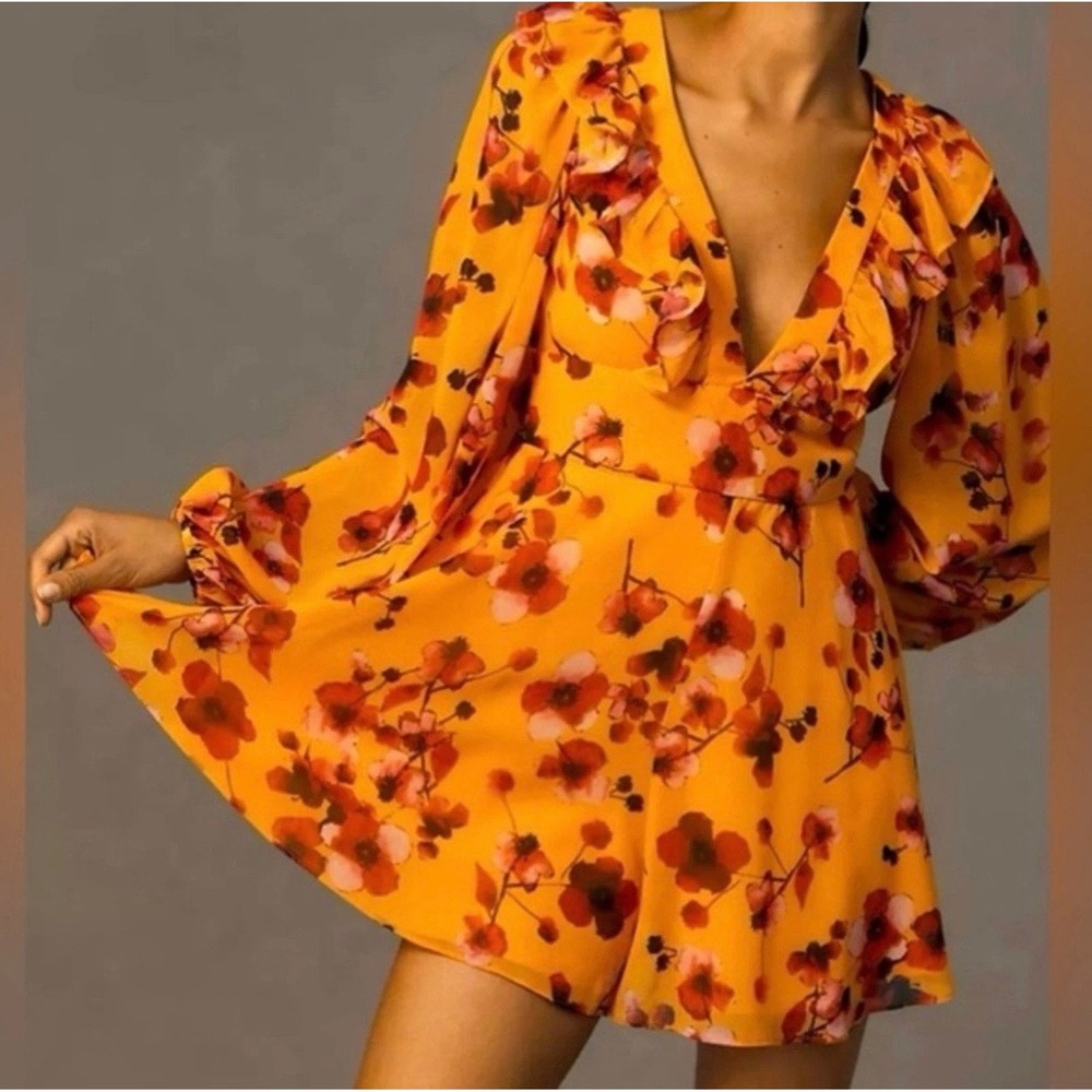 Hutch Womens Floral Long Sleeve Ruffle V-Neck Romper Yellow Red Poppy Size S